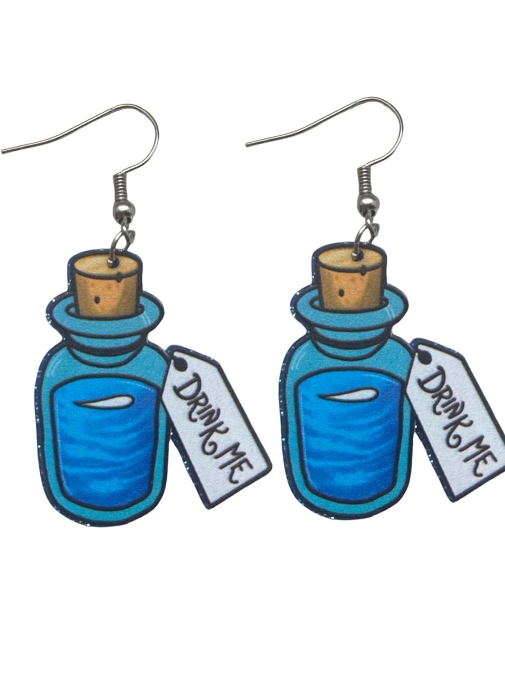 Alice in wonderland glitter drop dangle earrings “drink me”(NWT)